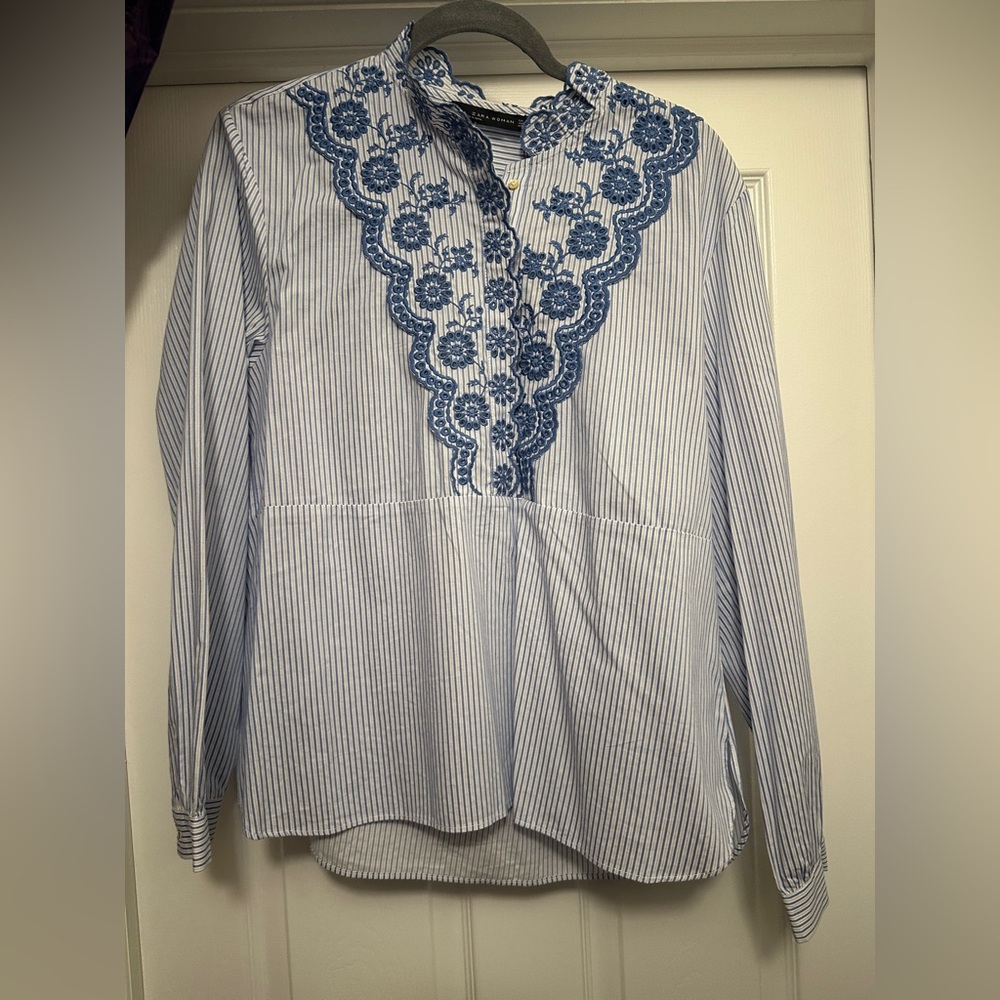 Blue and White Striped Blouse with Embroidery